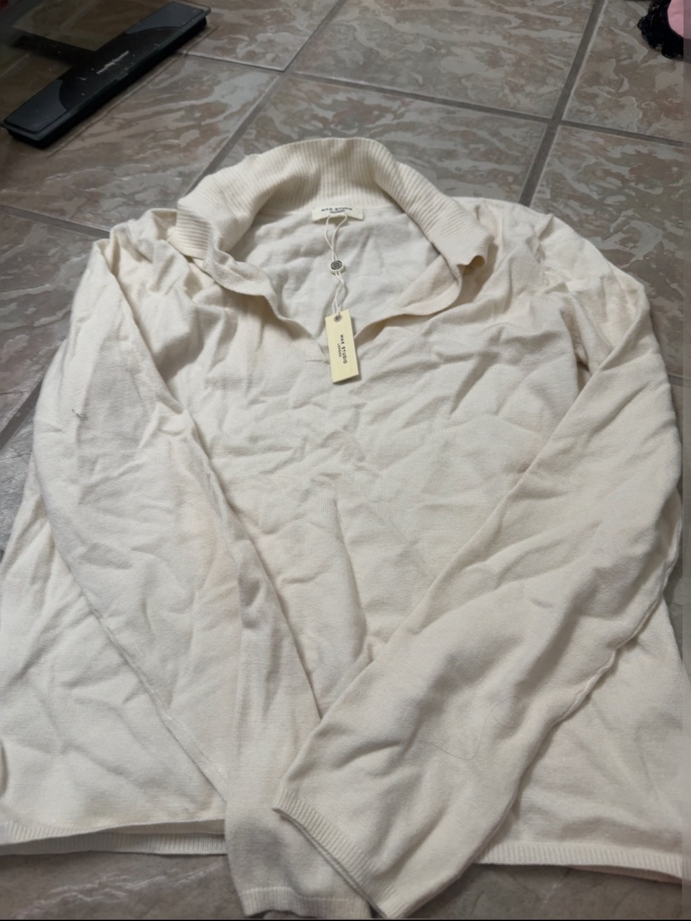 Max Studio Cream Women's Lightweight Polo Sweater